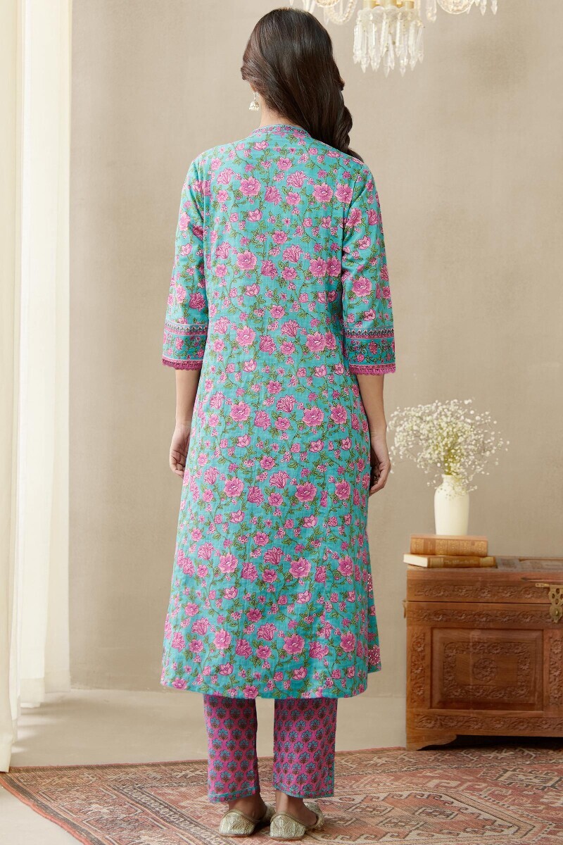 Blue Hand Printed Angrakha Cotton Slub Kurta