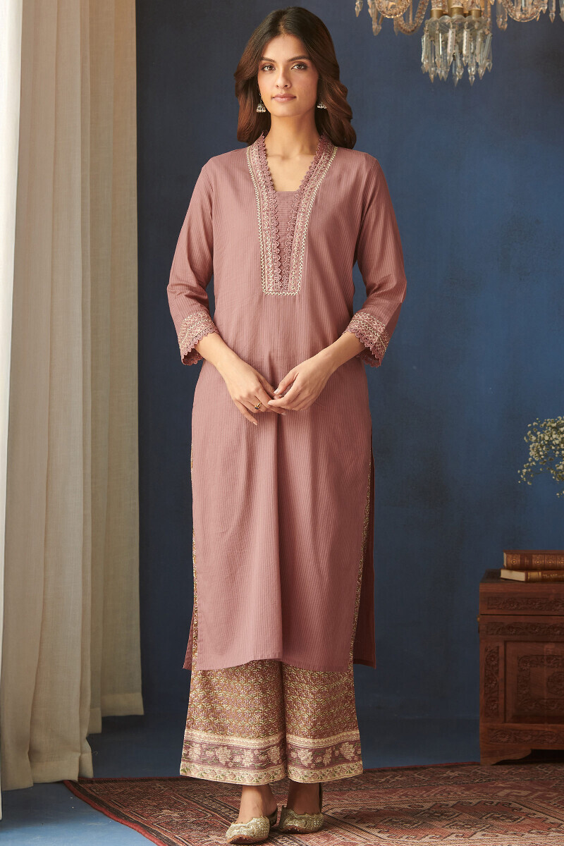 Mauve Handcrafted Straight Cotton Dobby Kurta