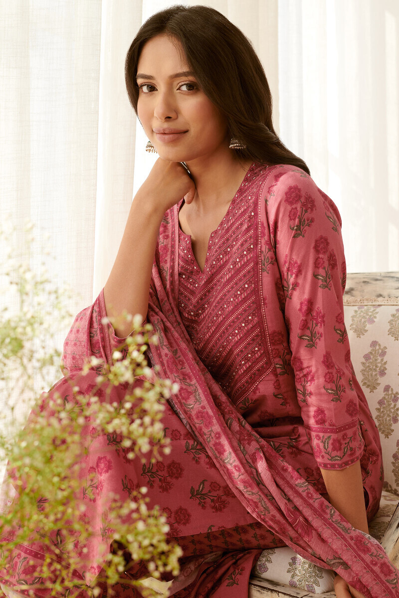 Pink Printed Straight Cotton Kurta