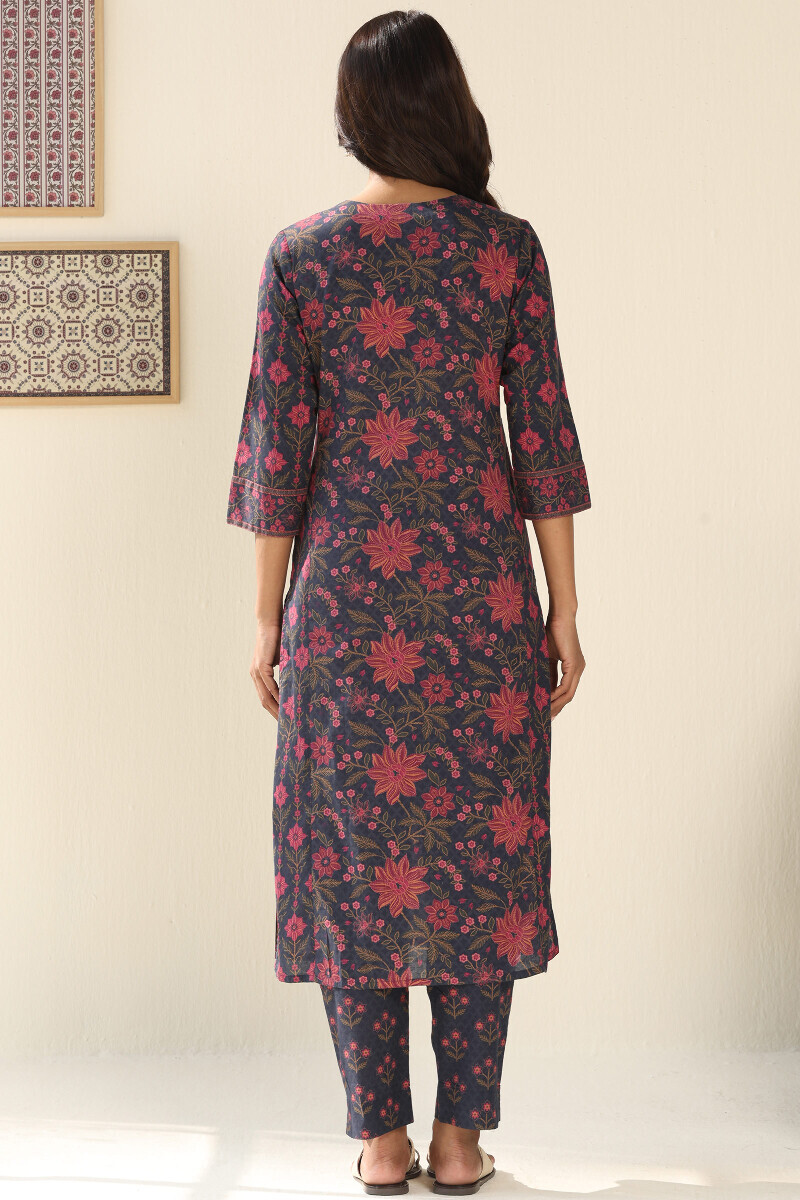Blue Printed Straight Cotton Kurta