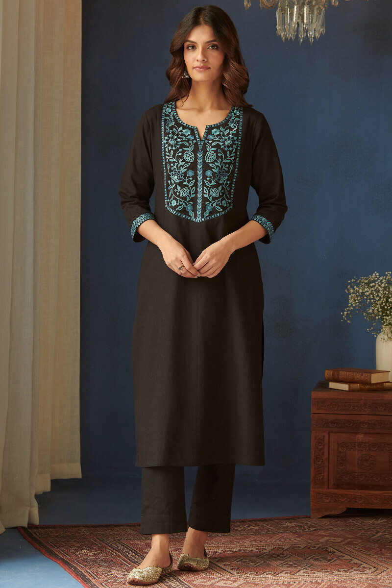 Black Handcrafted Straight Cotton Flax Kurta