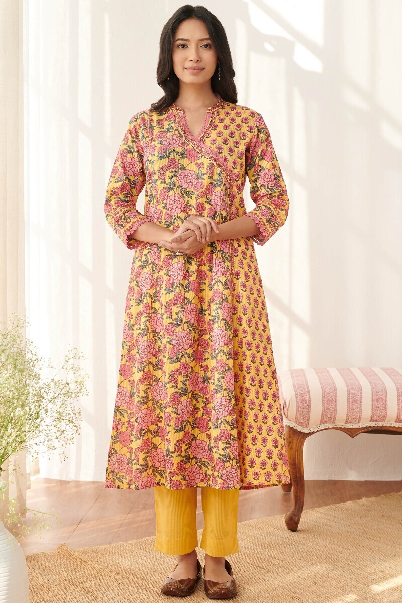 Yellow Hand Printed Angrakha Cotton Dobby Kurta