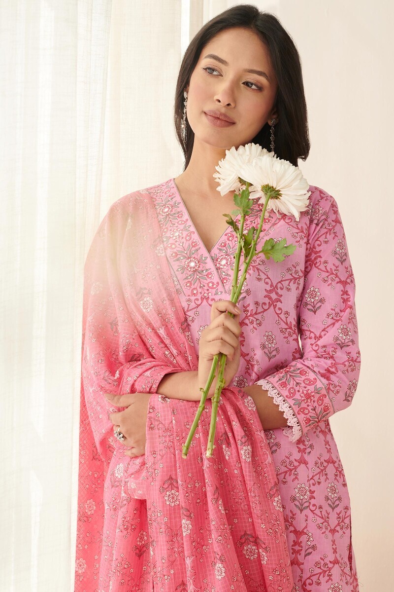 Pink Hand Printed Straight Cotton Kurta