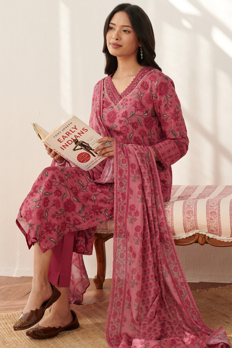 Pink Printed Straight Cotton Kurta