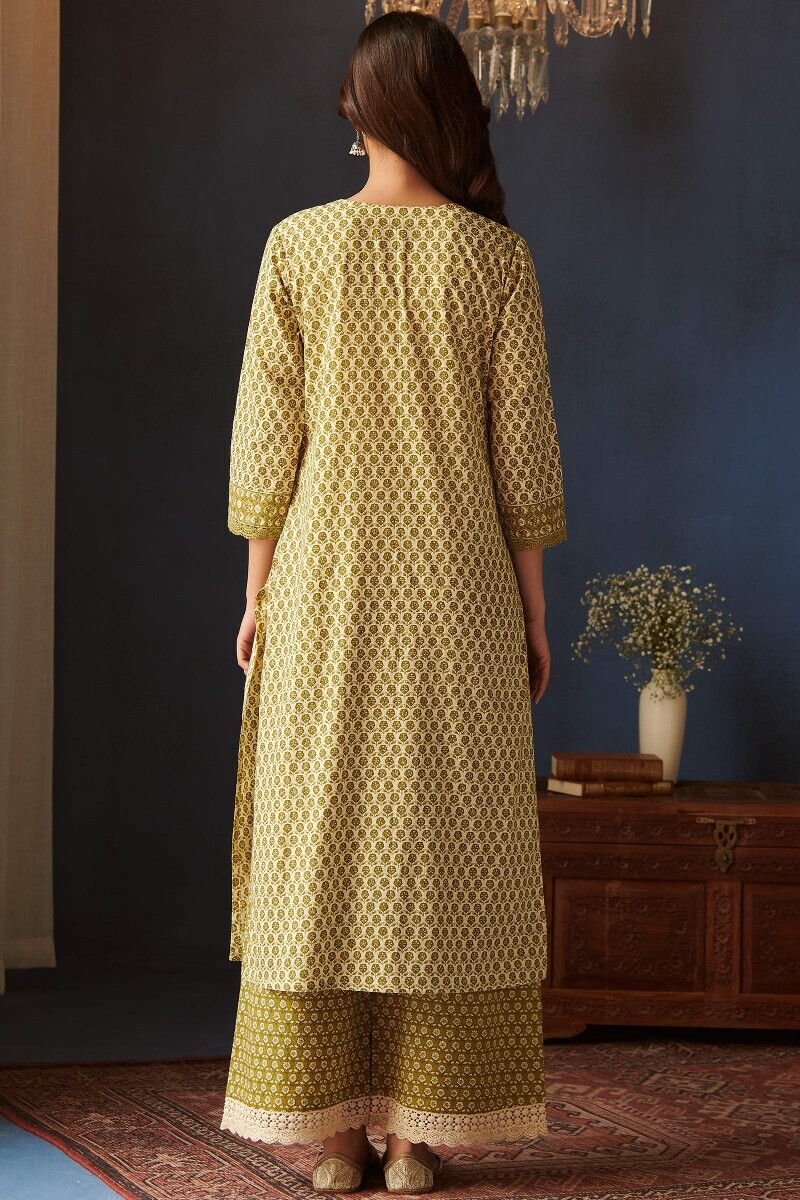 Cream Hand Printed Straight Cotton Kurta