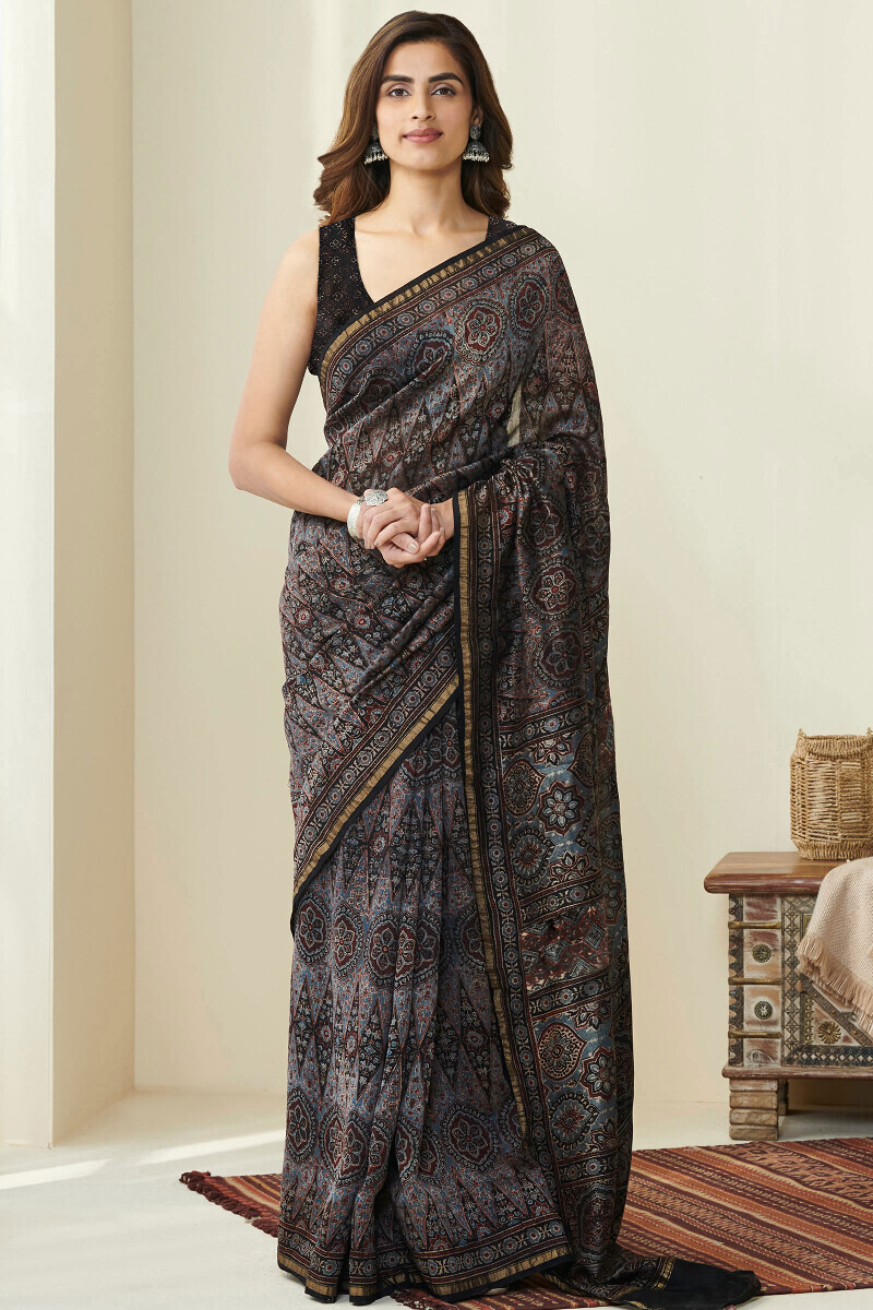 Ajrakh Hand Block-Printed Chanderi Saree