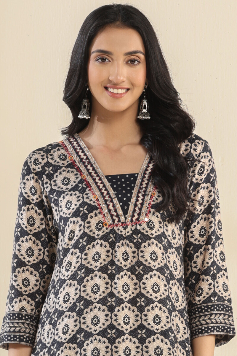 Black Printed Straight Viscose Kurta