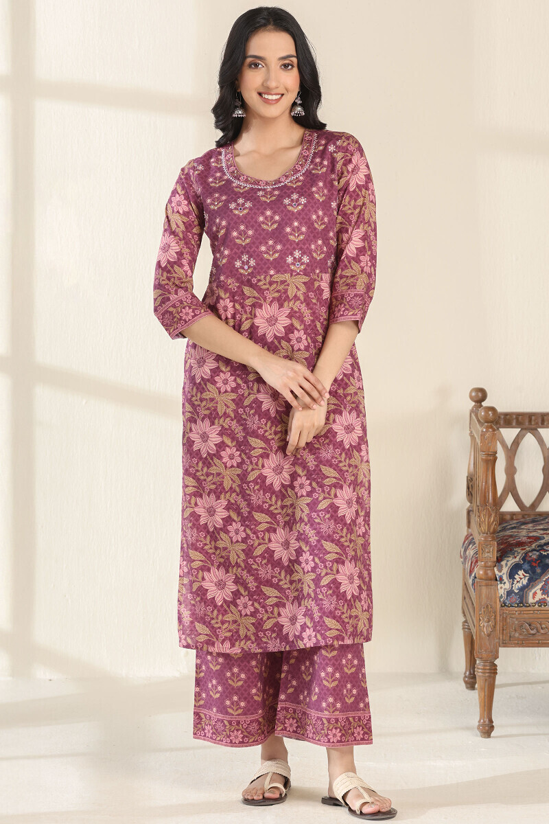 Purple Printed Straight Cotton Kurta
