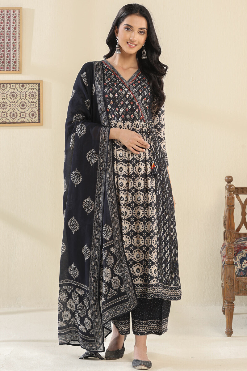 Black Printed A-Line Viscose Kurta