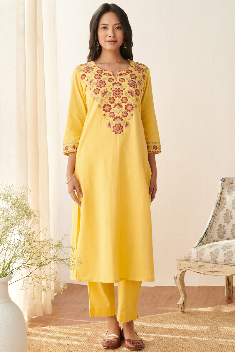 Yellow Handcrafted Straight Cotton Flax Kurta