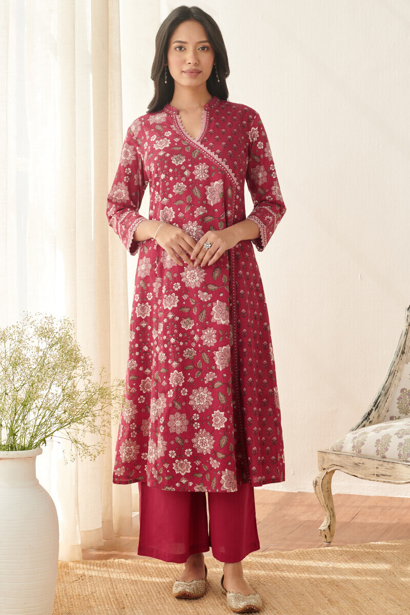 Red Hand Printed Angrakha Cotton Kurta