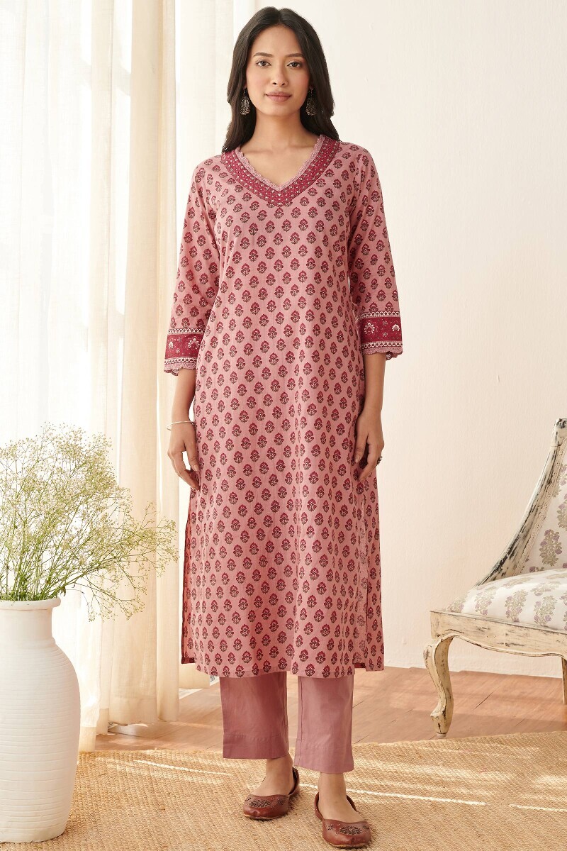 Pink Hand Printed Straight Cotton Kurta