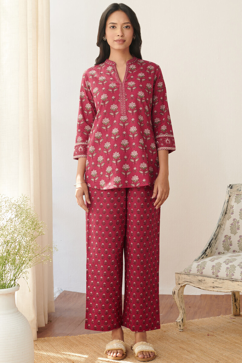 Red Hand Printed Cotton Loungewear Set