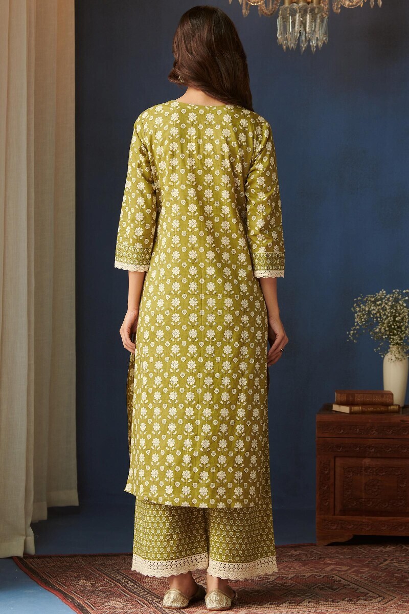 Green Hand Printed Straight Cotton Kurta