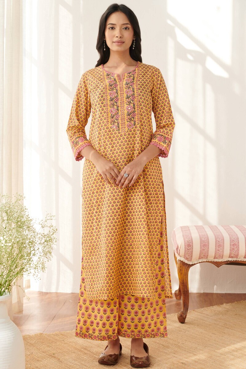 Yellow Hand Printed Straight Cotton Dobby Kurta