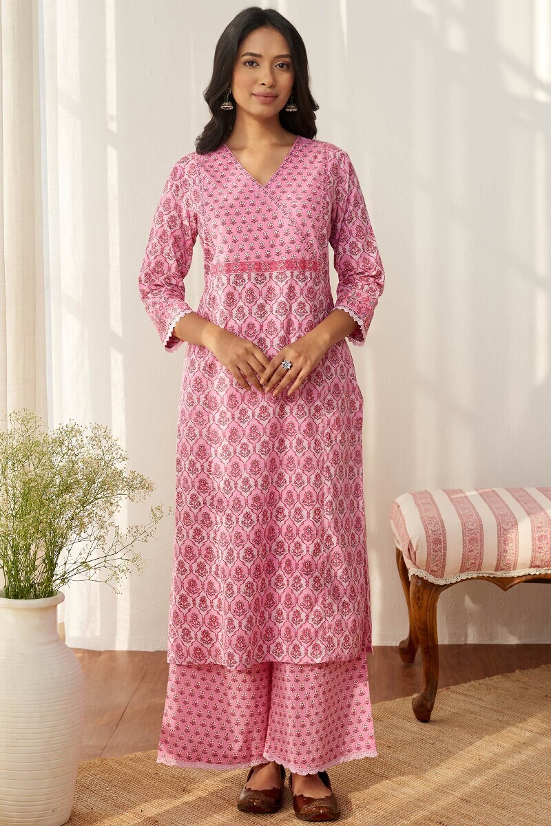 Pink Hand Printed Straight Cotton Kurta