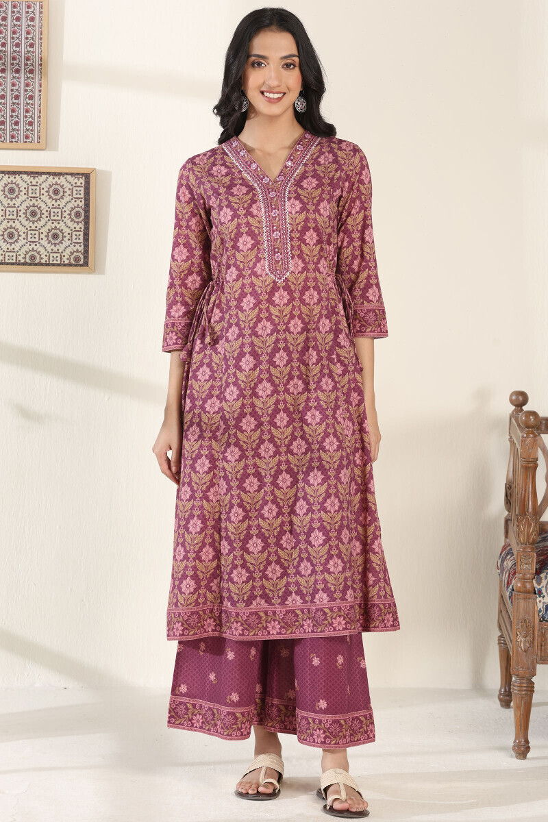 Purple Printed A-Line Cotton Kurta