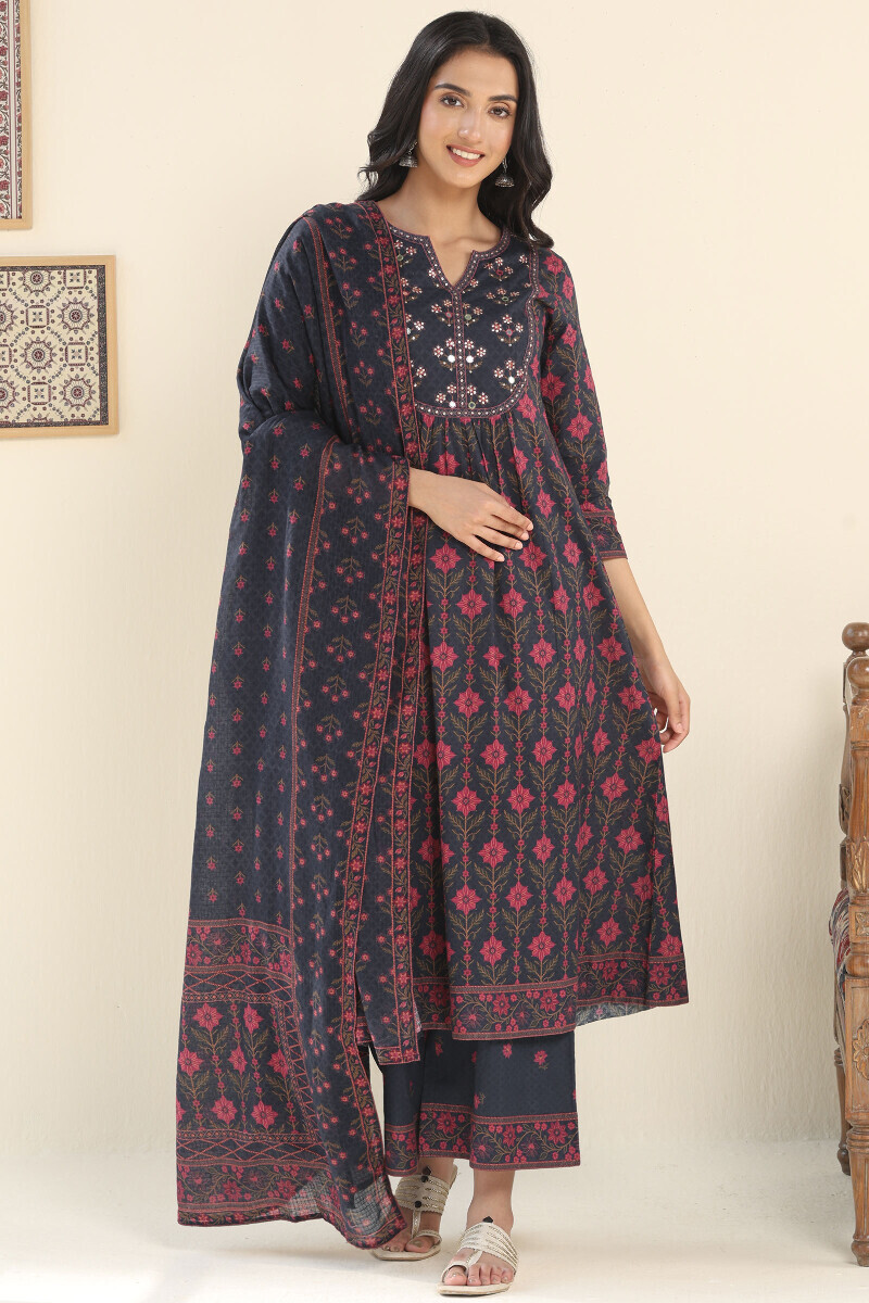 Navy Blue Printed Cotton Farsi