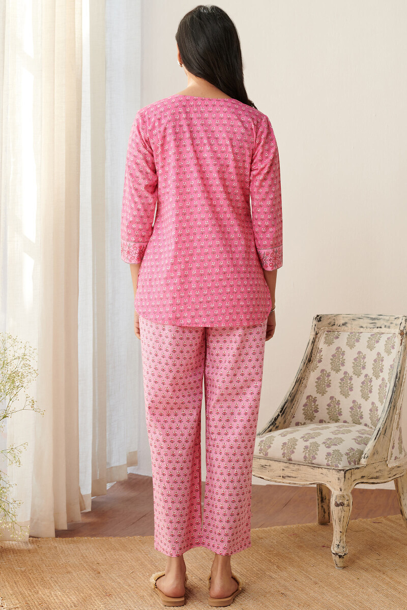 Pink Hand Printed Cotton Loungewear Set