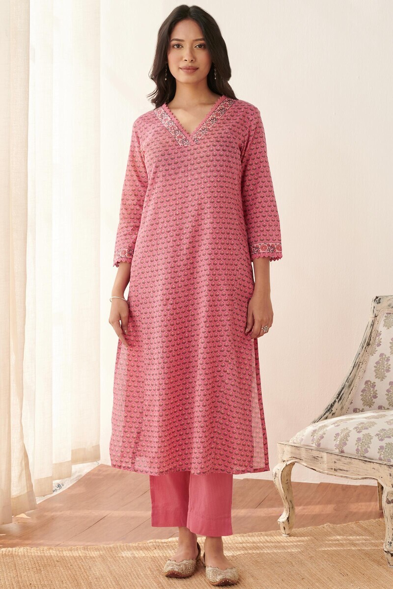 Pink Hand Printed Straight Cotton Dobby Kurta