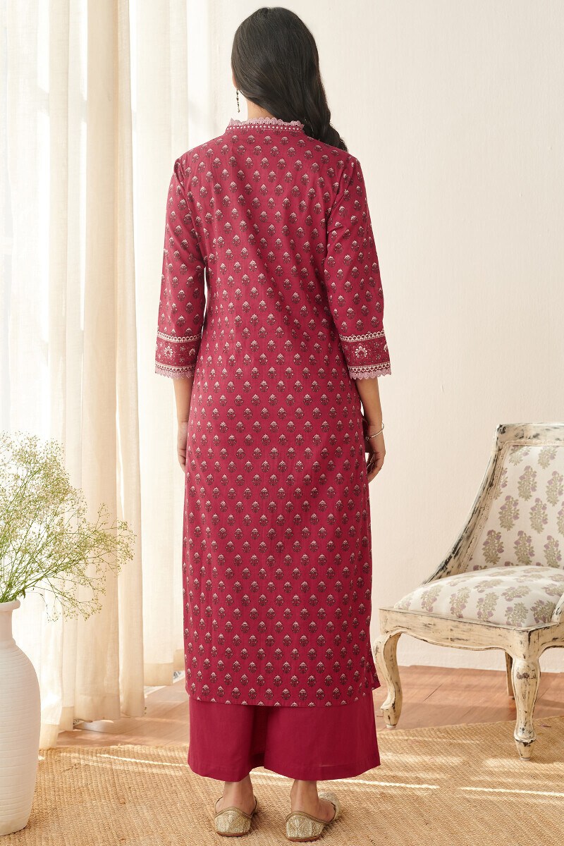 Red Hand Printed Straight Cotton Kurta