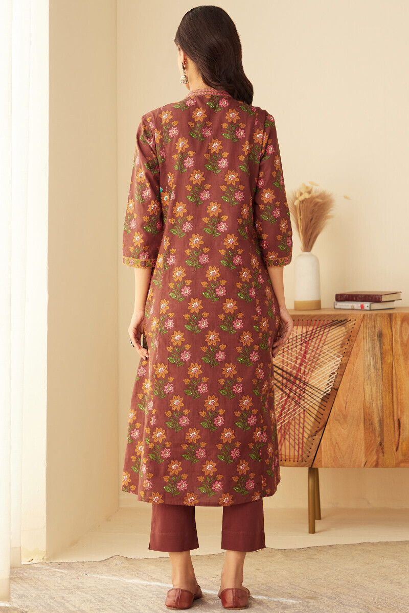 Brown Hand Printed Angrakha Cotton Kurta