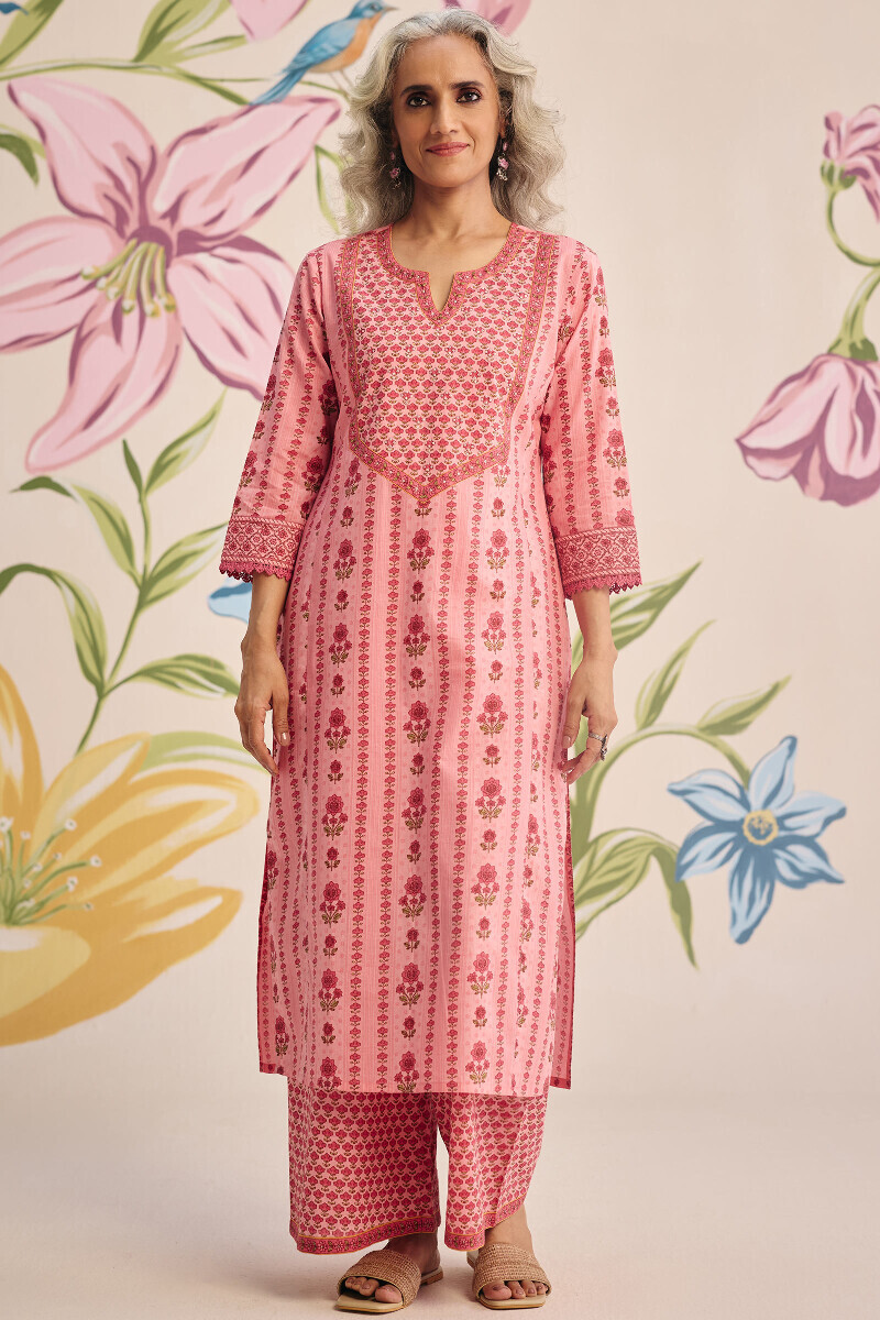 Pink Hand Printed Straight Cotton Kurta