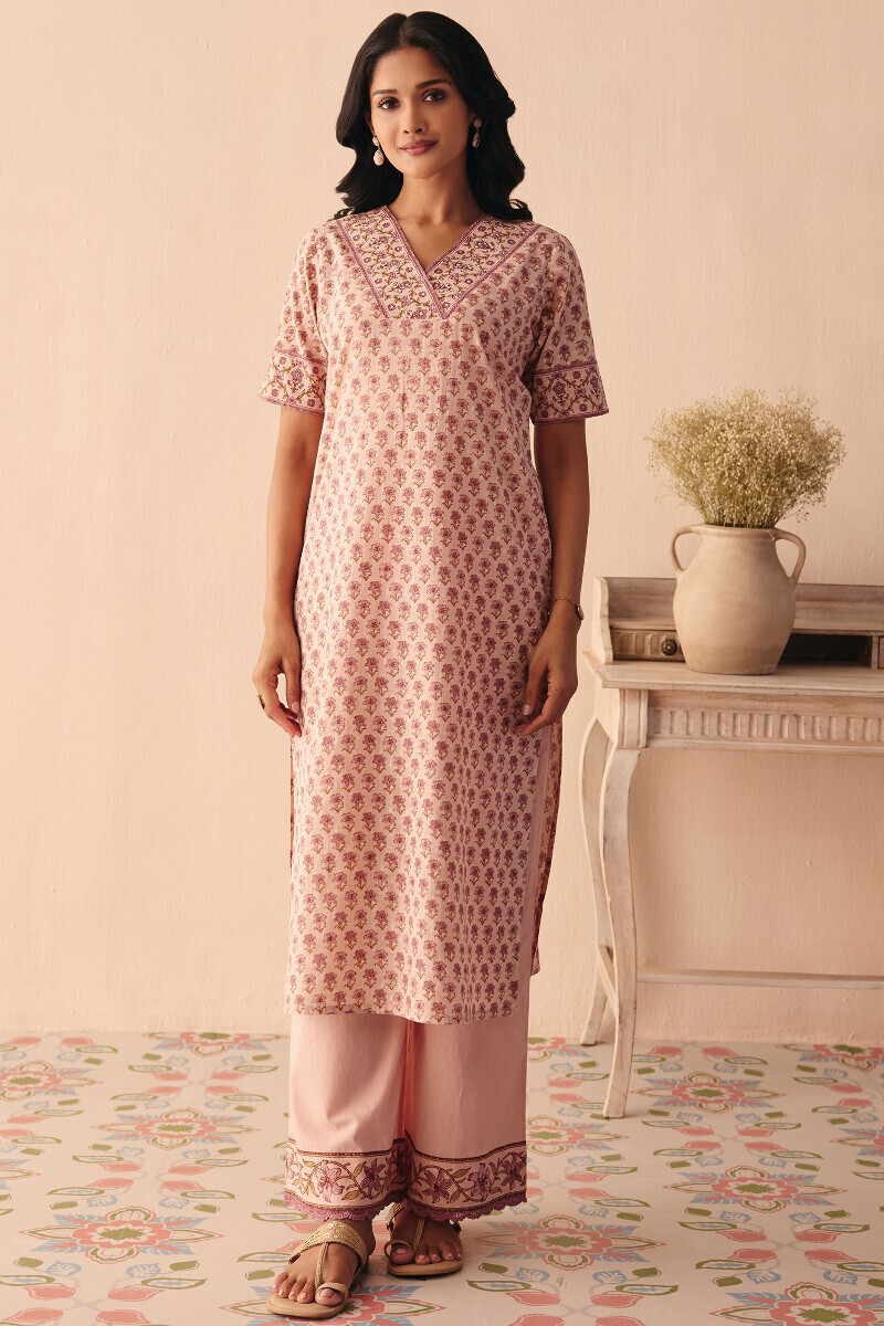 Pink Hand Printed Straight Cotton Dobby Kurta