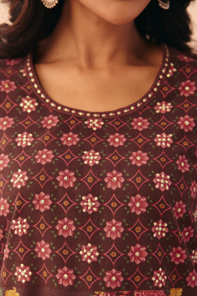 Brown Printed Straight Cotton Kurta