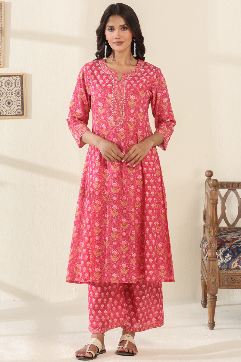 Pink Printed A-Line Cotton Slub Kurta