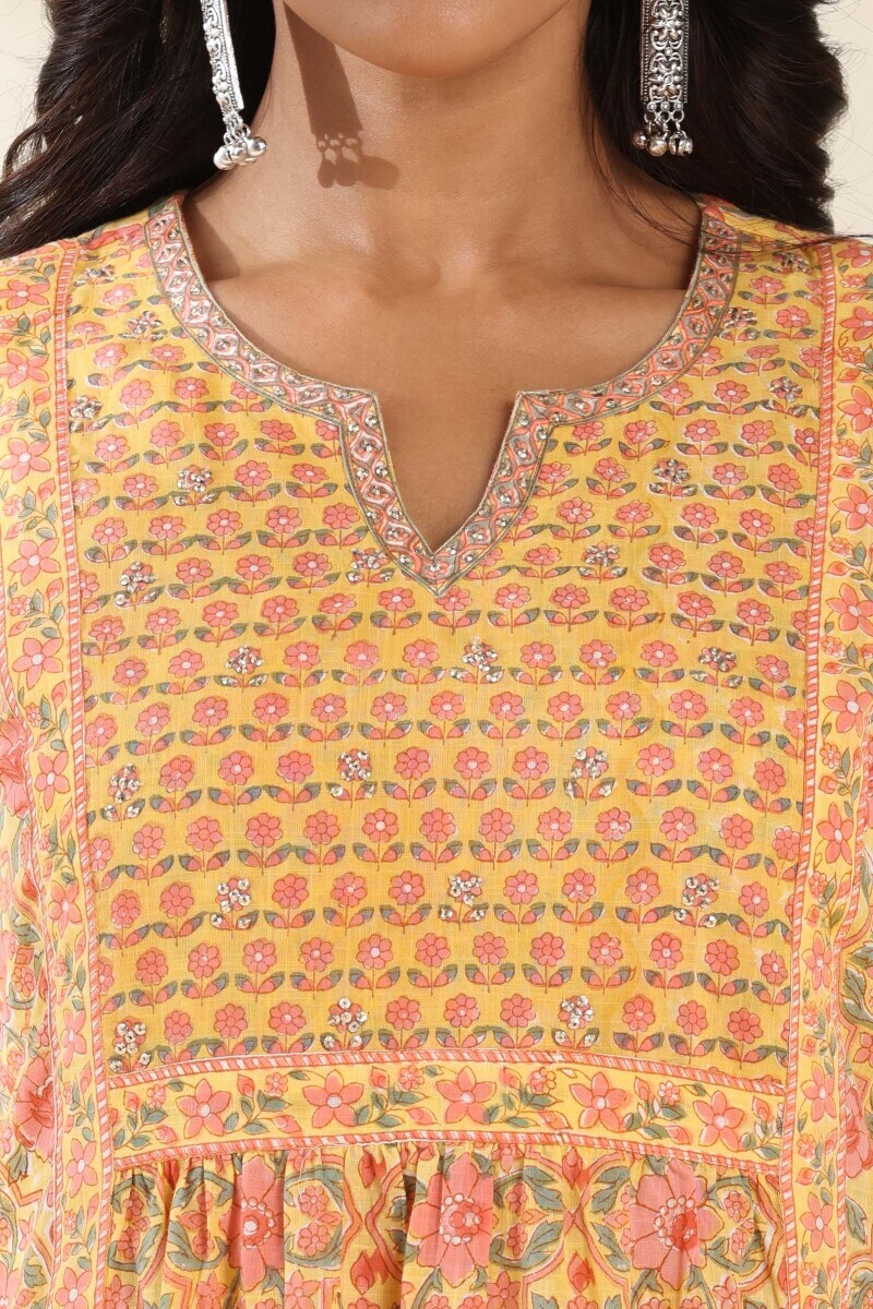 Yellow Hand Block Printed A-Line Cotton Slub Kurta