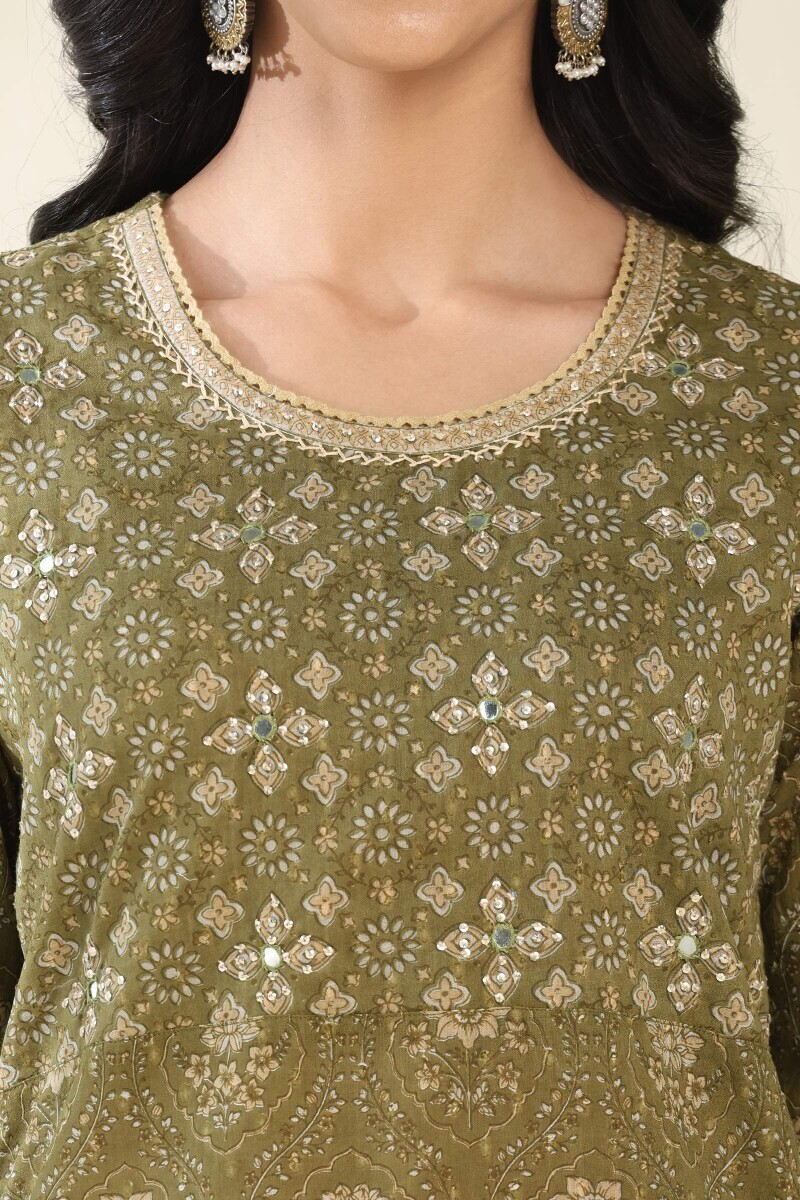 Green Hand Block Printed Straight Cotton Kurta