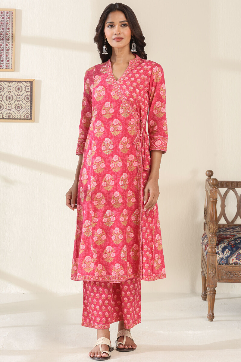 Pink Printed Angrakha Cotton Slub Kurta