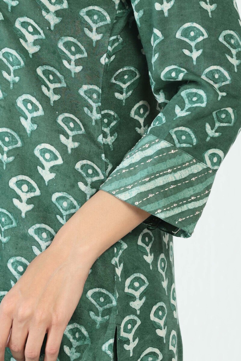 Green Hand Block Printed Straight Modal Kurta