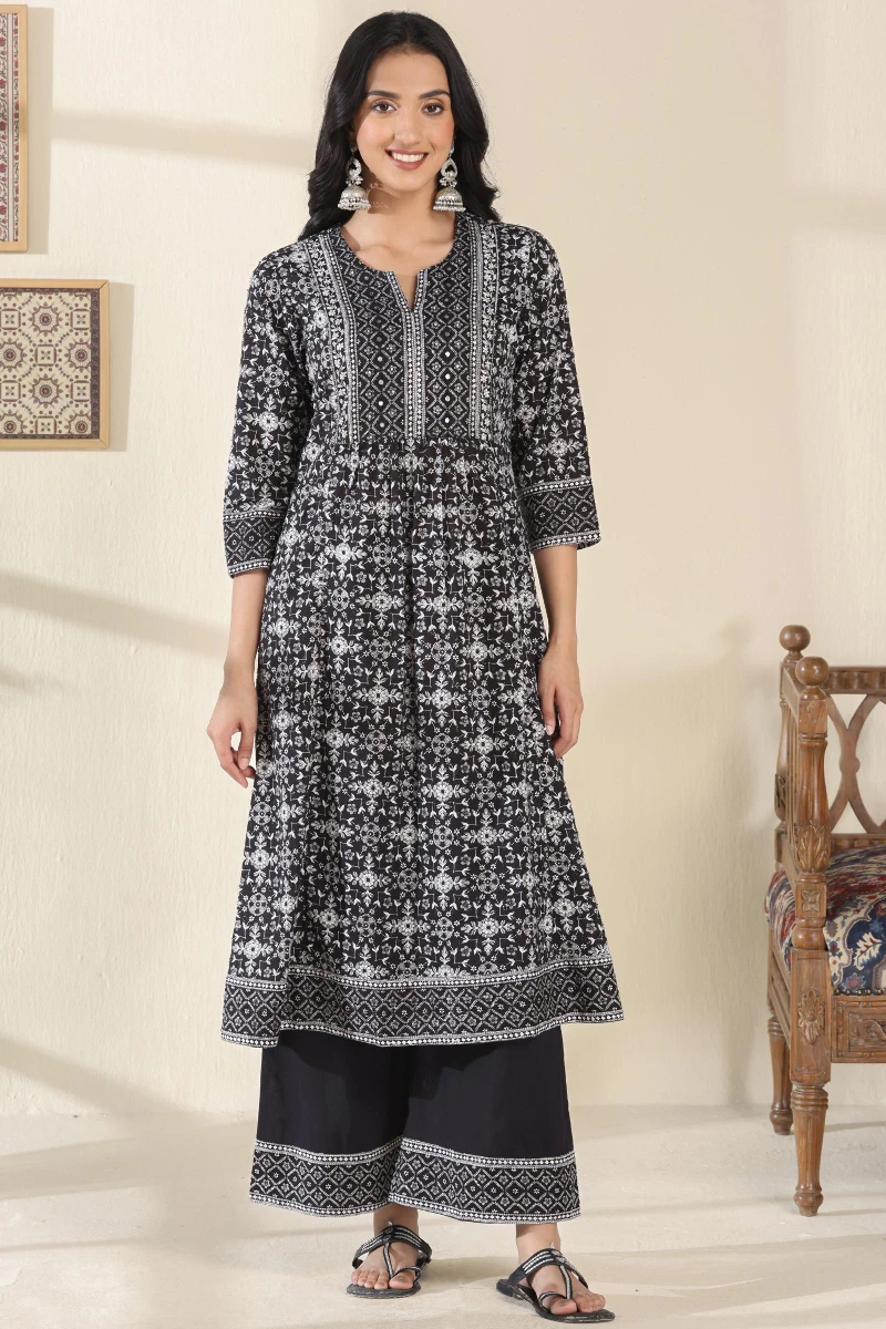 Black Hand Printed A-Line Cotton Dobby Kurta