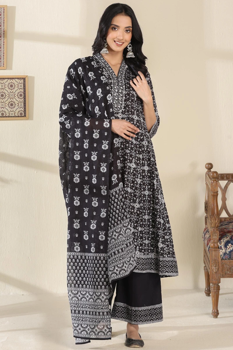 Black Hand Printed Anarkali Cotton Dobby Kurta
