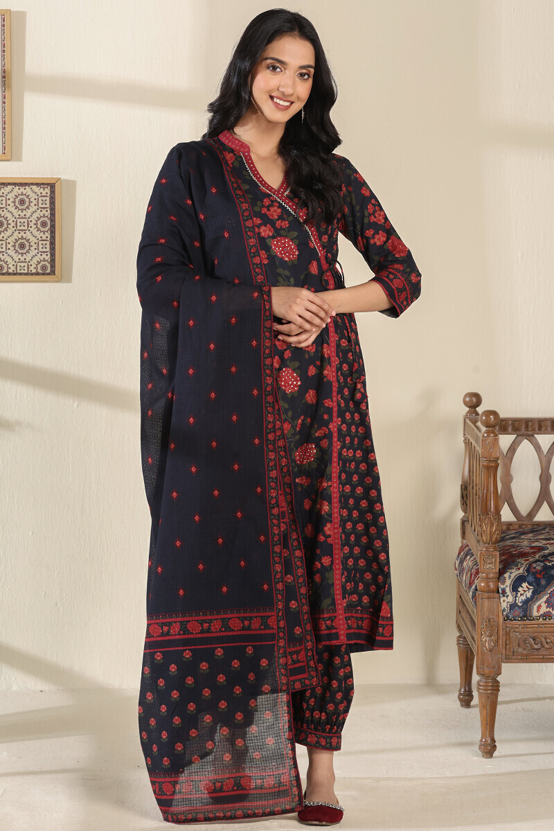 Black Printed Cotton Angrakha Kurta