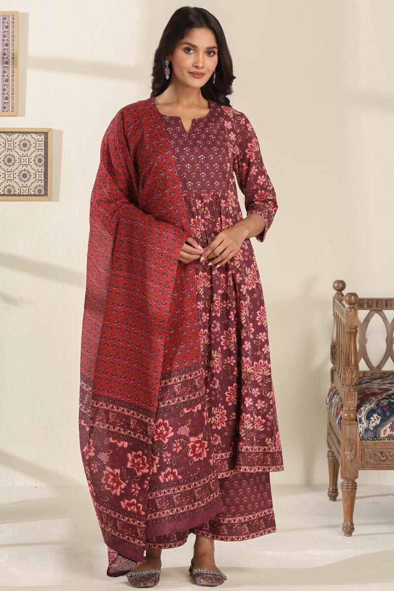 Purple Hand Printed Cotton Slub Farsi