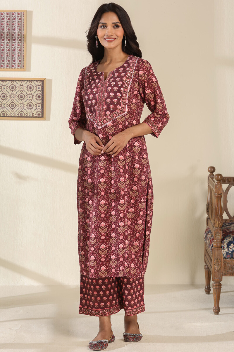 Brown Printed Straight Cotton Slub Kurta