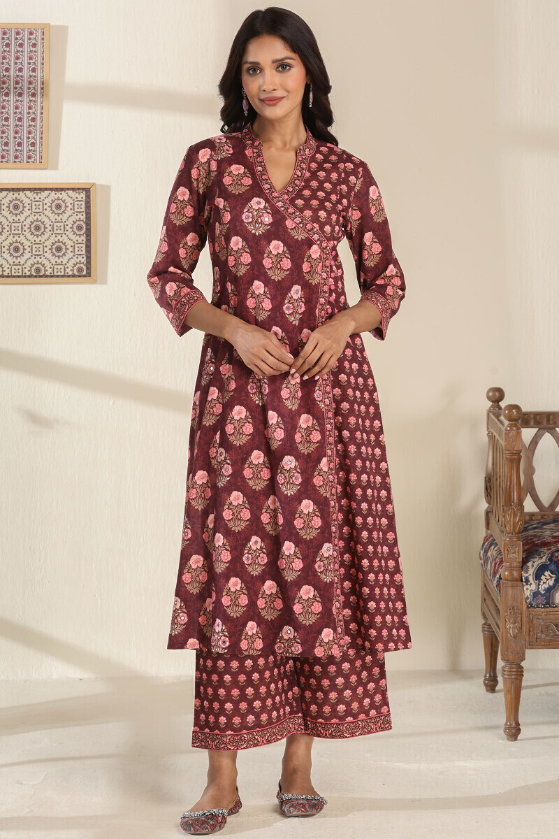 Brown Printed Angrakha Cotton Slub Kurta