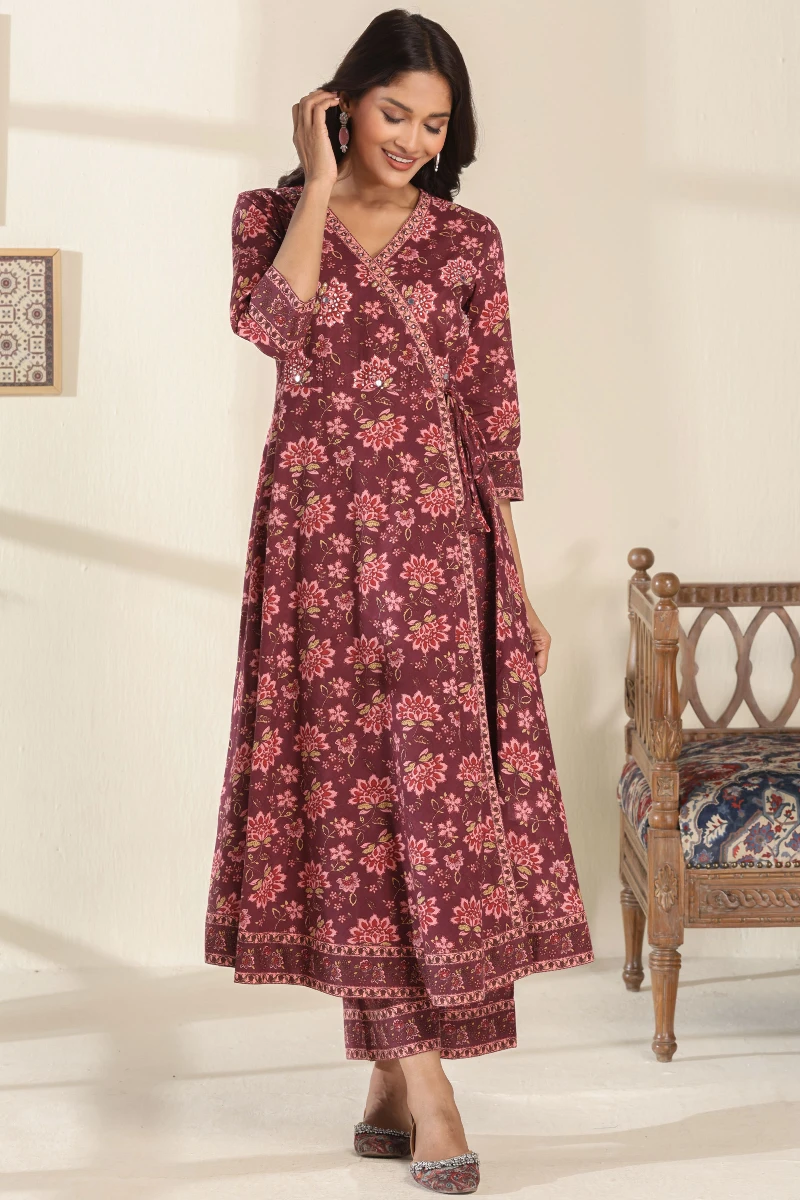 Purple Hand Printed Angrakha Cotton Slub Kurta