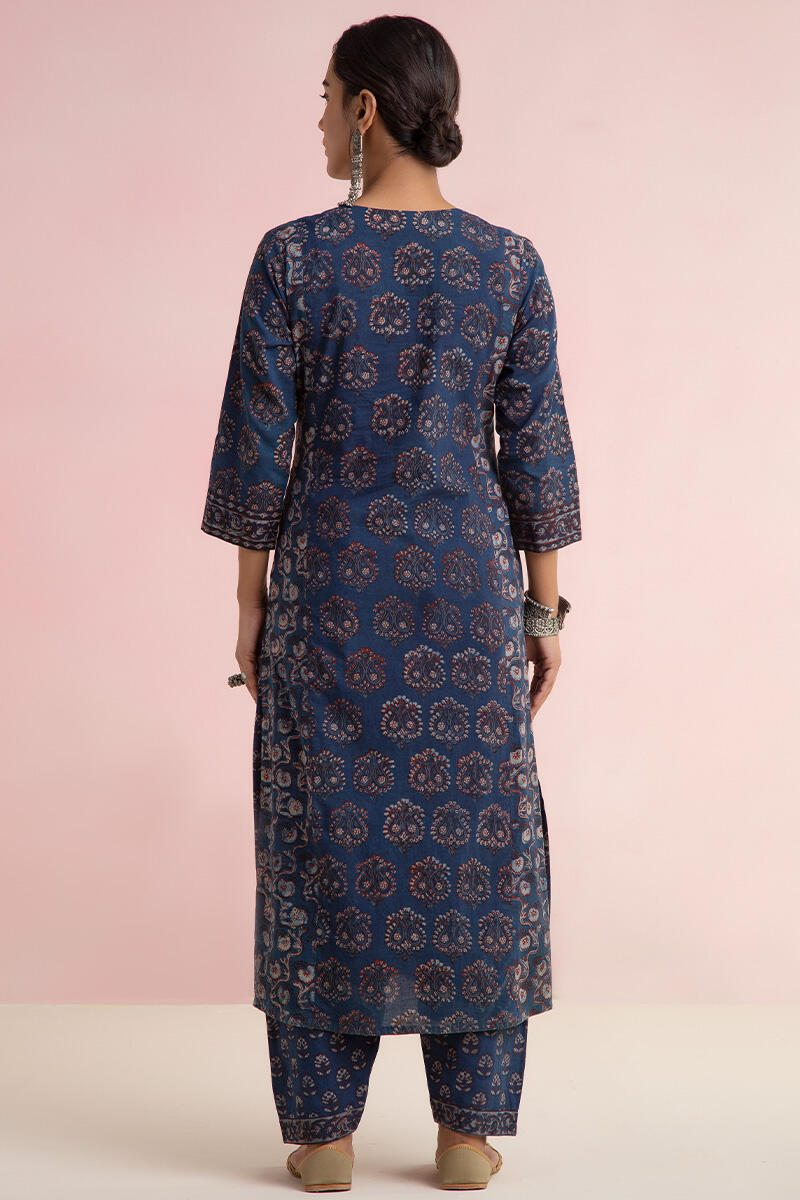 Indigo Block Printed Straight Cotton Kurta
