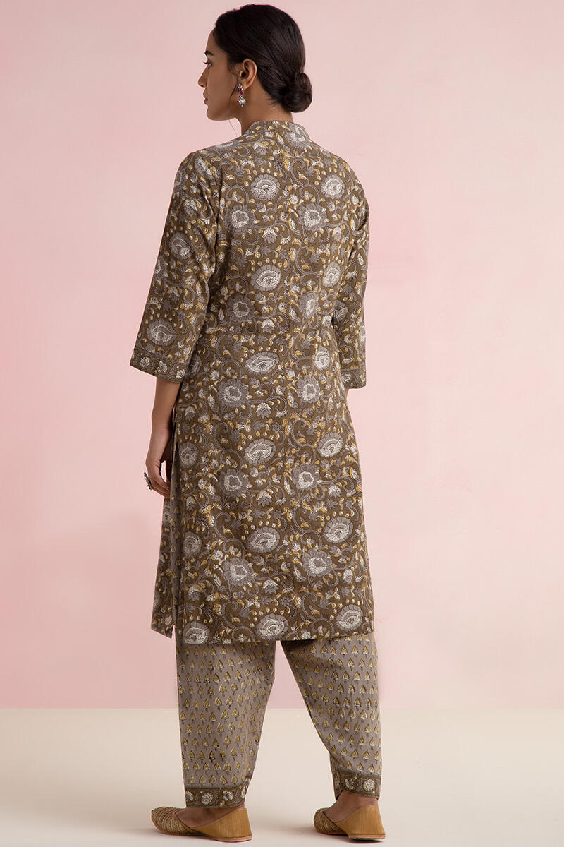 Brown Block Printed Straight Cotton Kurta