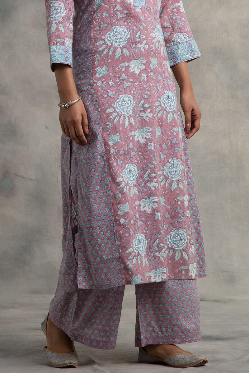 Purple Block Printed Straight Modal Kurta