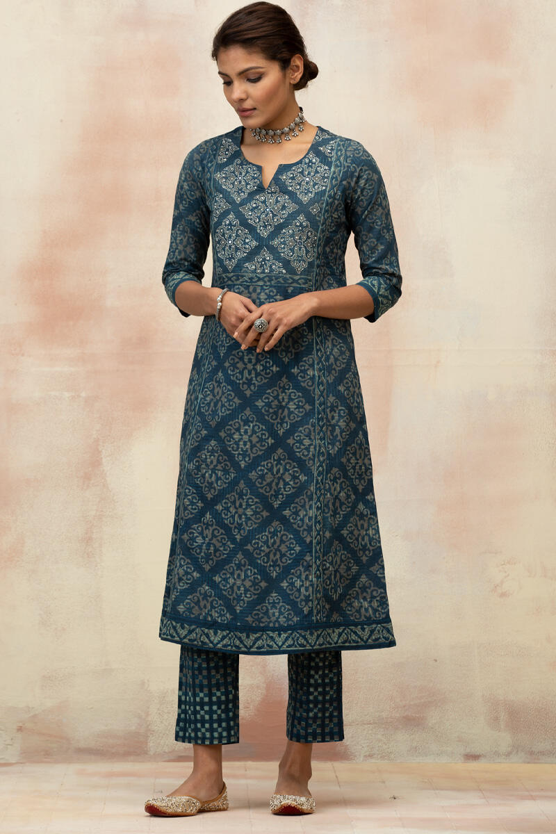 Indigo Block Printed Cotton Narrow Pants