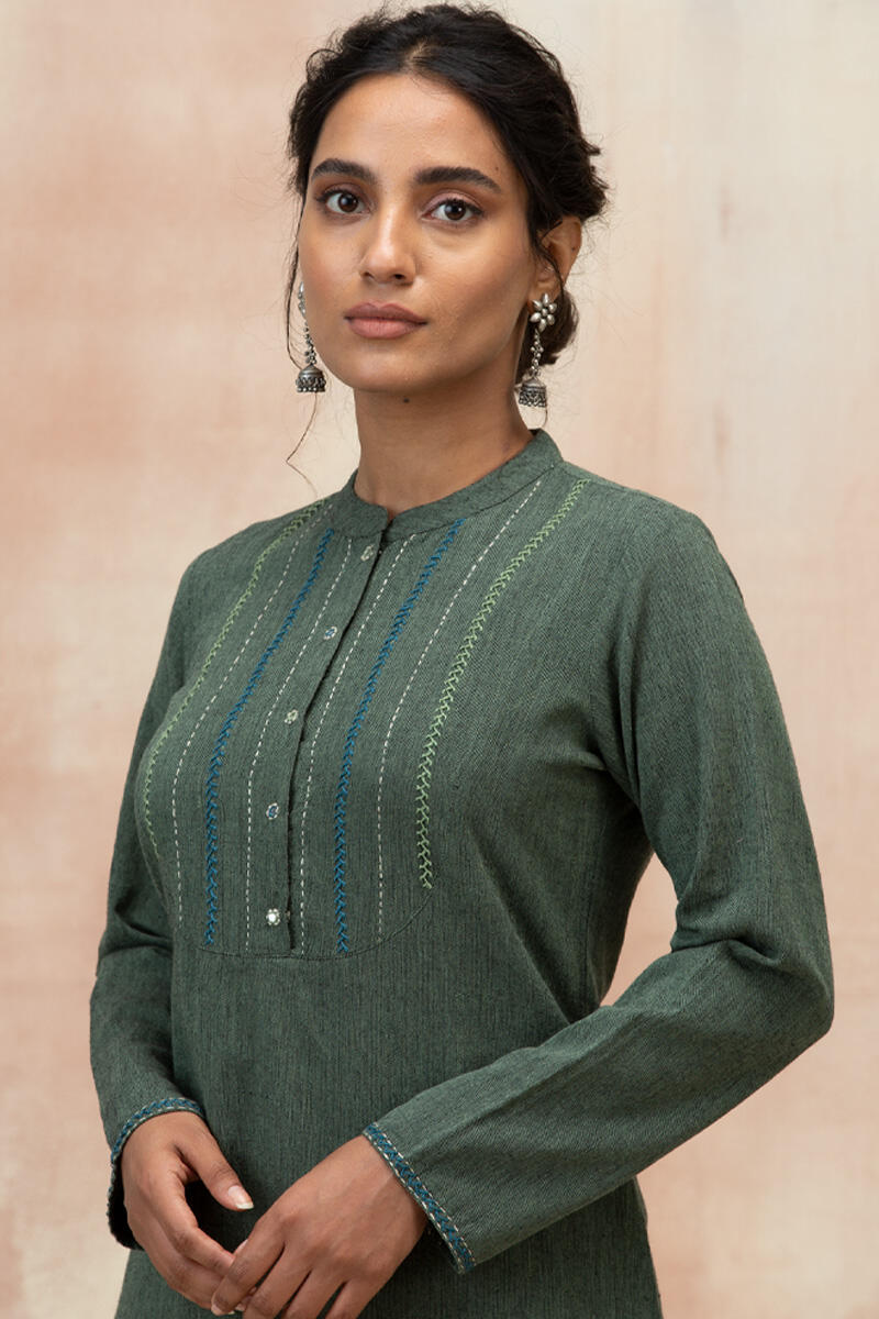 Green Handcrafted Straight Cotton Kurta