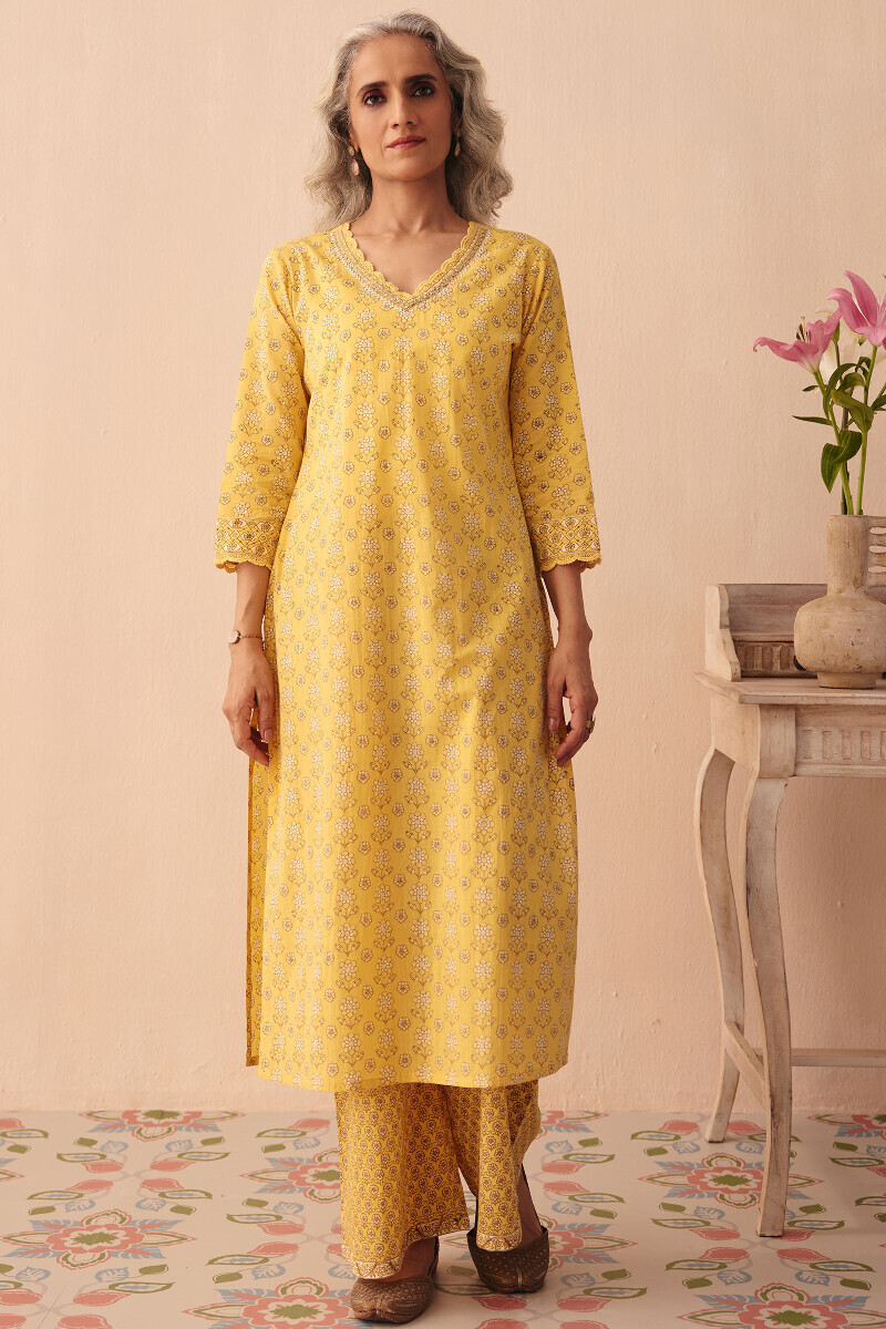 Yellow Hand Printed Straight Cotton Kurta