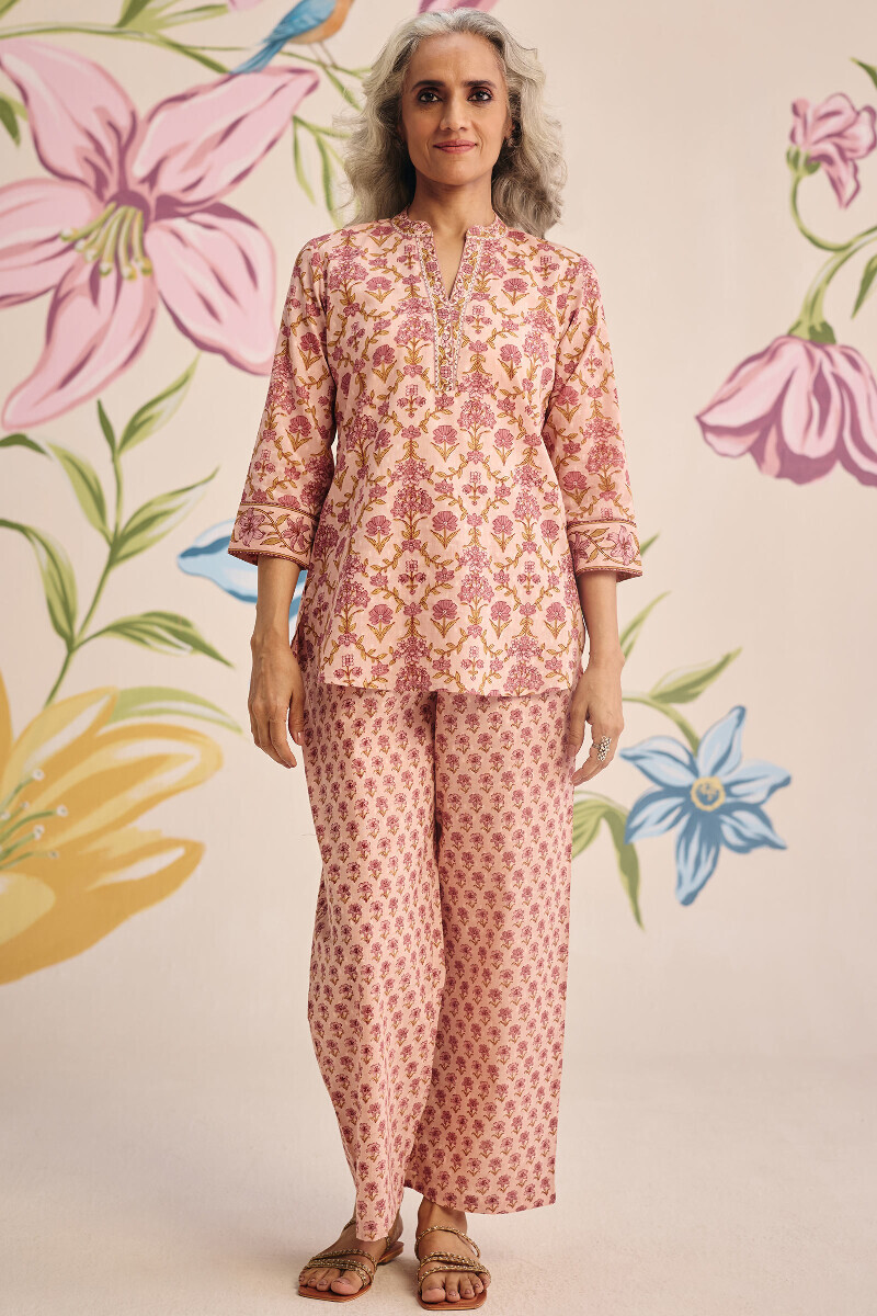 Pink Hand Printed Cotton Dobby Loungewear Set