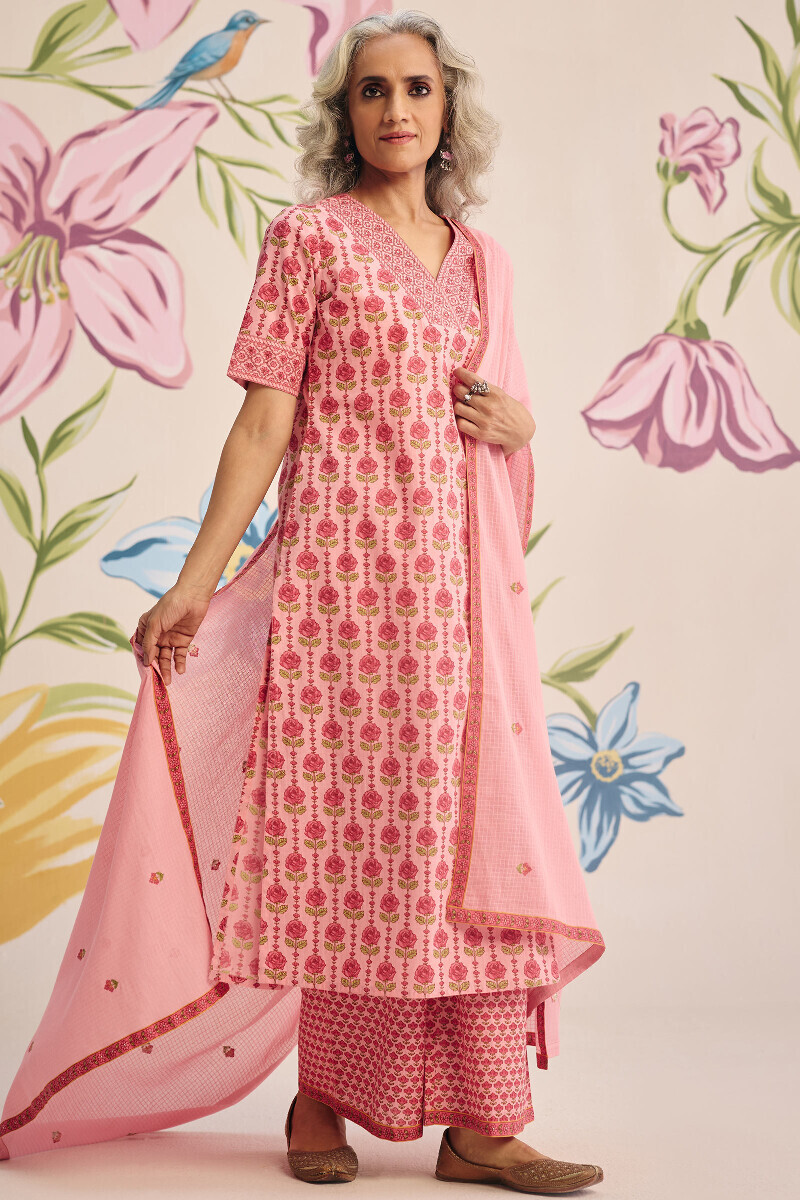 Pink Hand Printed Straight Cotton Kurta