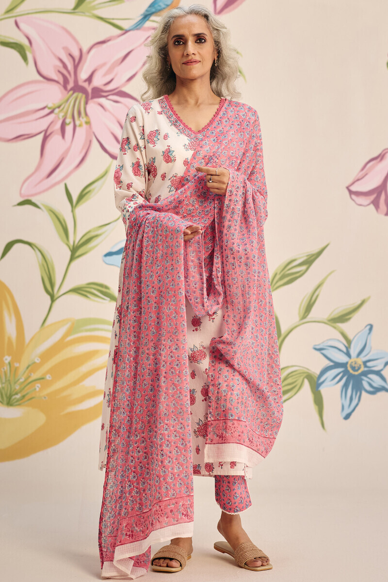 Pink Block Printed Cotton Narrow Pants